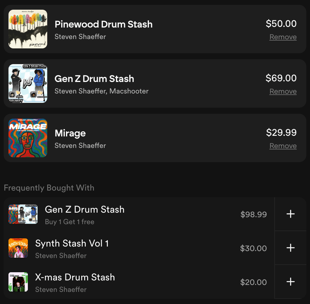 A screenshot of the Drumify cart, displaying a product and checkout process