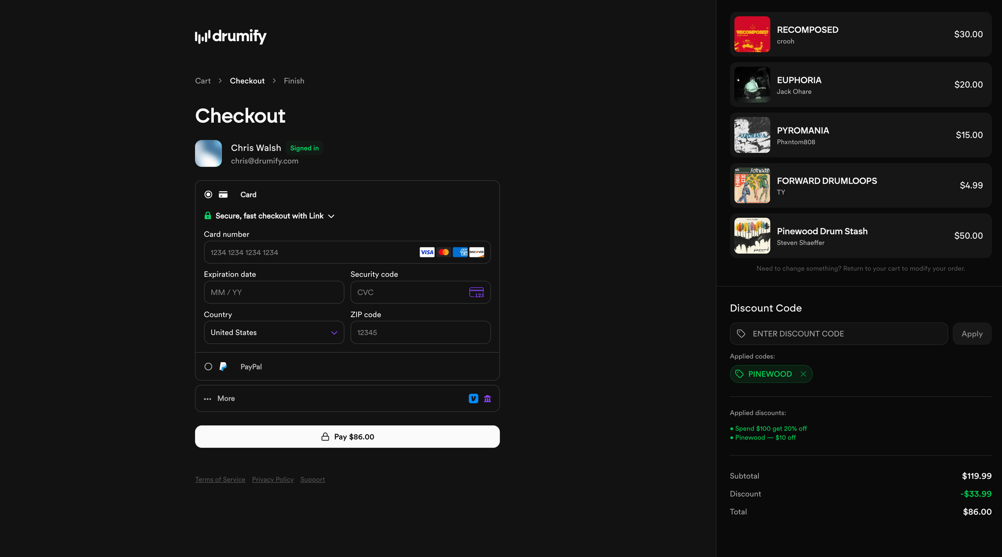 A screenshot of the Drumify checkout process, displaying products on the right and a payment form in the center