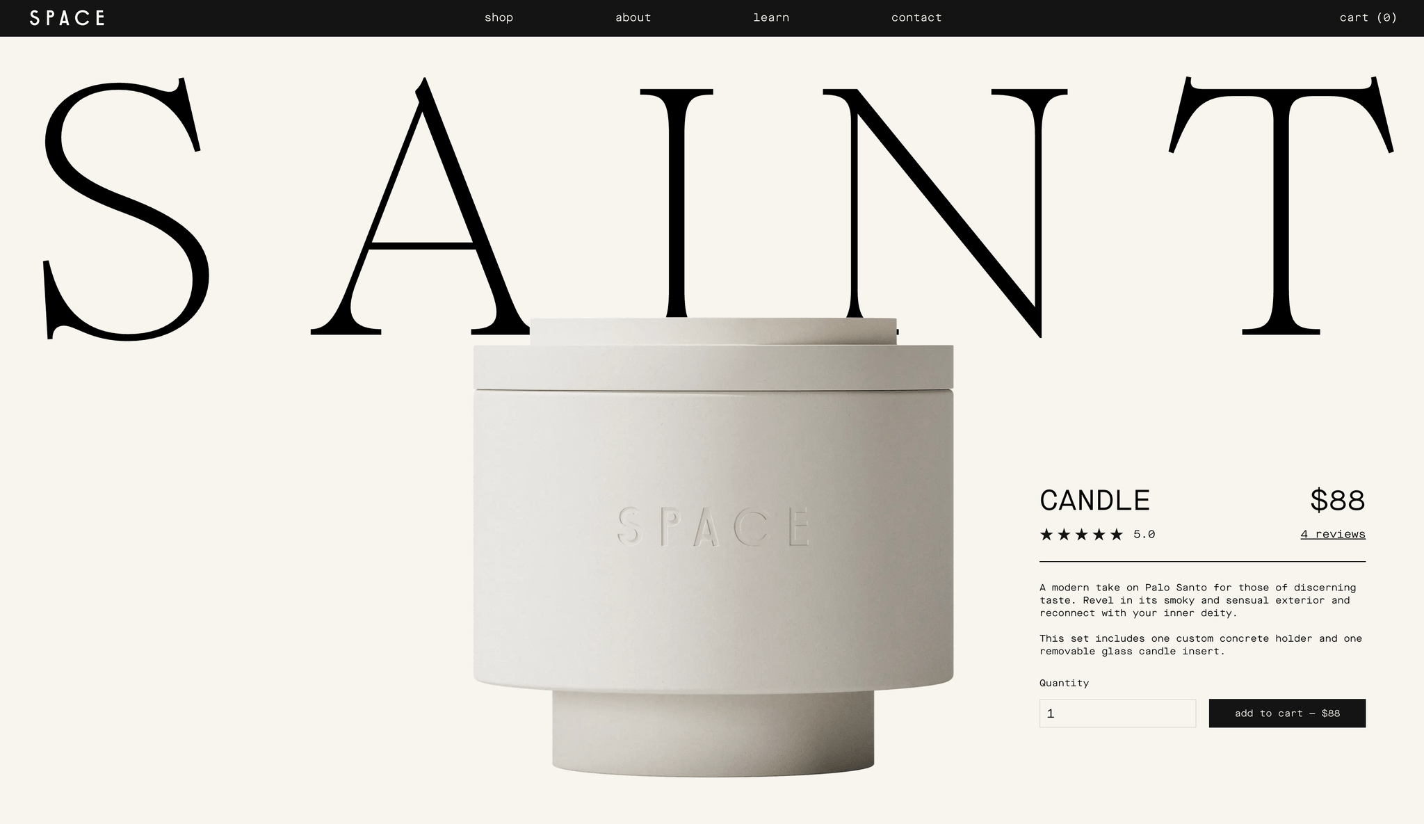 A product page for Space displaying the Saint candle